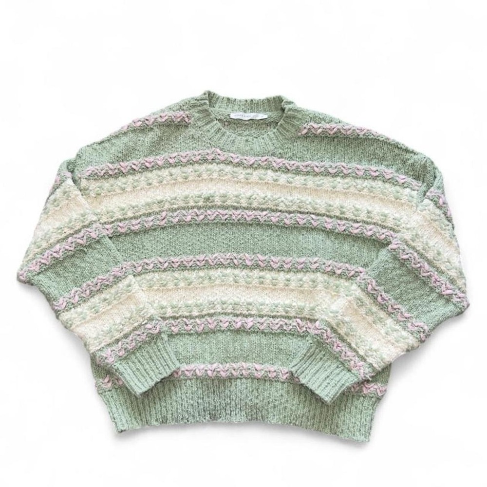 Green & Pink Striped Chunky Knit Pullover Sweater Size XL Altar'd State Boho